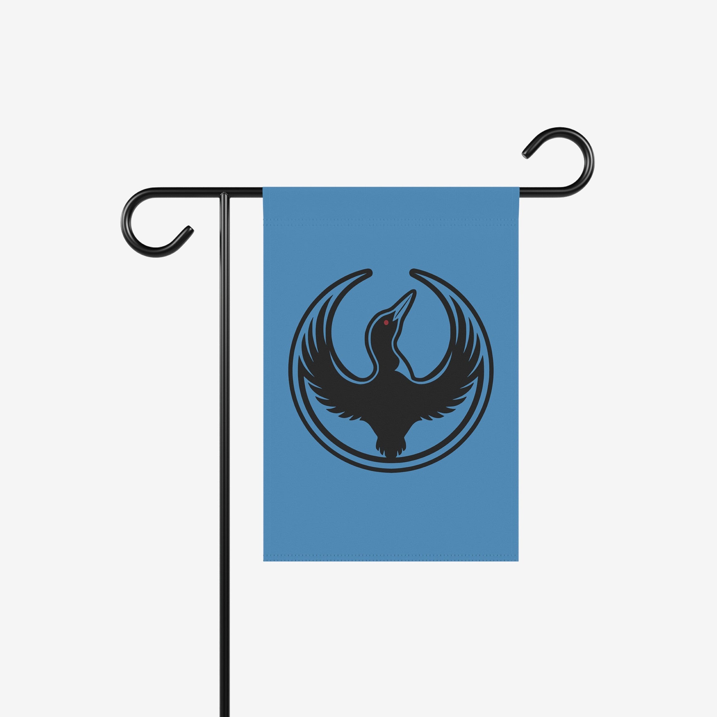 Minnesota Rebel Alliance Garden Flag featuring a loon silhouette with outstretched wings, symbolizing resistance and equality, displayed on a black metal stand. Ideal for expressing solidarity in your outdoor space.