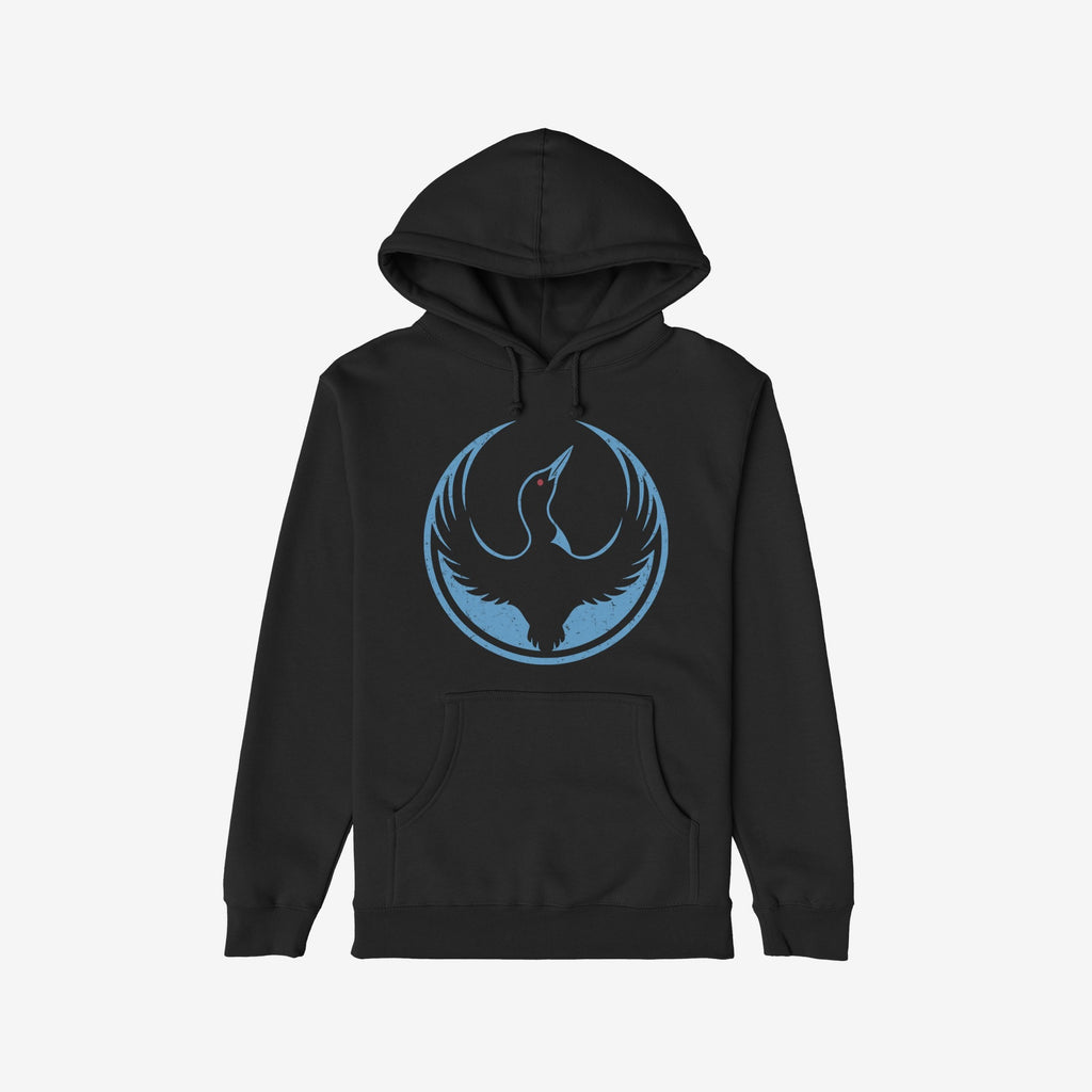 Minnesota Rebel Alliance Hoodie featuring a black pullover with a distressed light-blue circle and stylized bird graphic, symbolizing immigrant rights and equality. Ideal for rallies and casual wear.