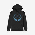 Minnesota Rebel Alliance Hoodie featuring a black pullover with a distressed light-blue circle and stylized bird graphic, symbolizing immigrant rights and equality. Ideal for rallies and casual wear.