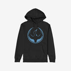 Minnesota Rebel Alliance Hoodie featuring a black pullover with a distressed light-blue circle and stylized bird graphic, symbolizing immigrant rights and equality. Ideal for rallies and casual wear.