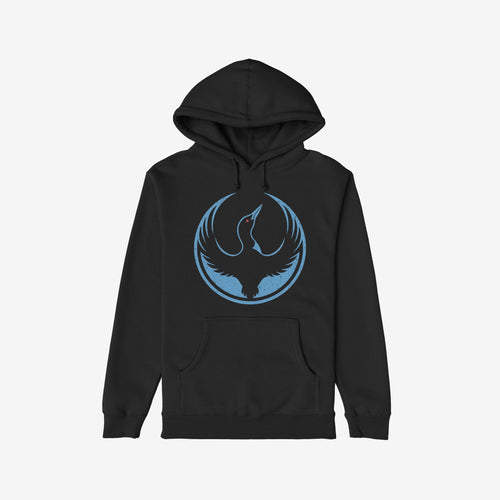 Minnesota Rebel Alliance Hoodie featuring a black pullover with a distressed light-blue circle and stylized bird graphic, symbolizing immigrant rights and equality. Ideal for rallies and casual wear.