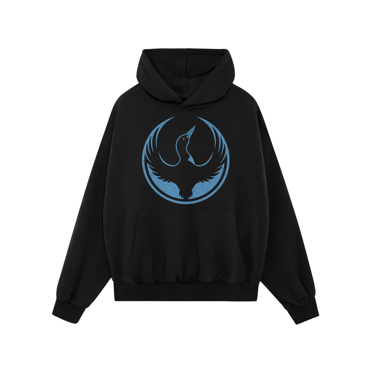 Minnesota Rebel Alliance Hoodie featuring a black pullover with a distressed light-blue circle and stylized bird graphic, sym