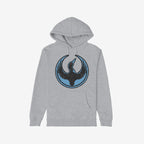 Minnesota Rebel Alliance Hoodie features a light-gray pullover with a stylized black bird graphic on the chest, symbolizing support for immigrant rights and equality. Ideal for rallies and casual outings.