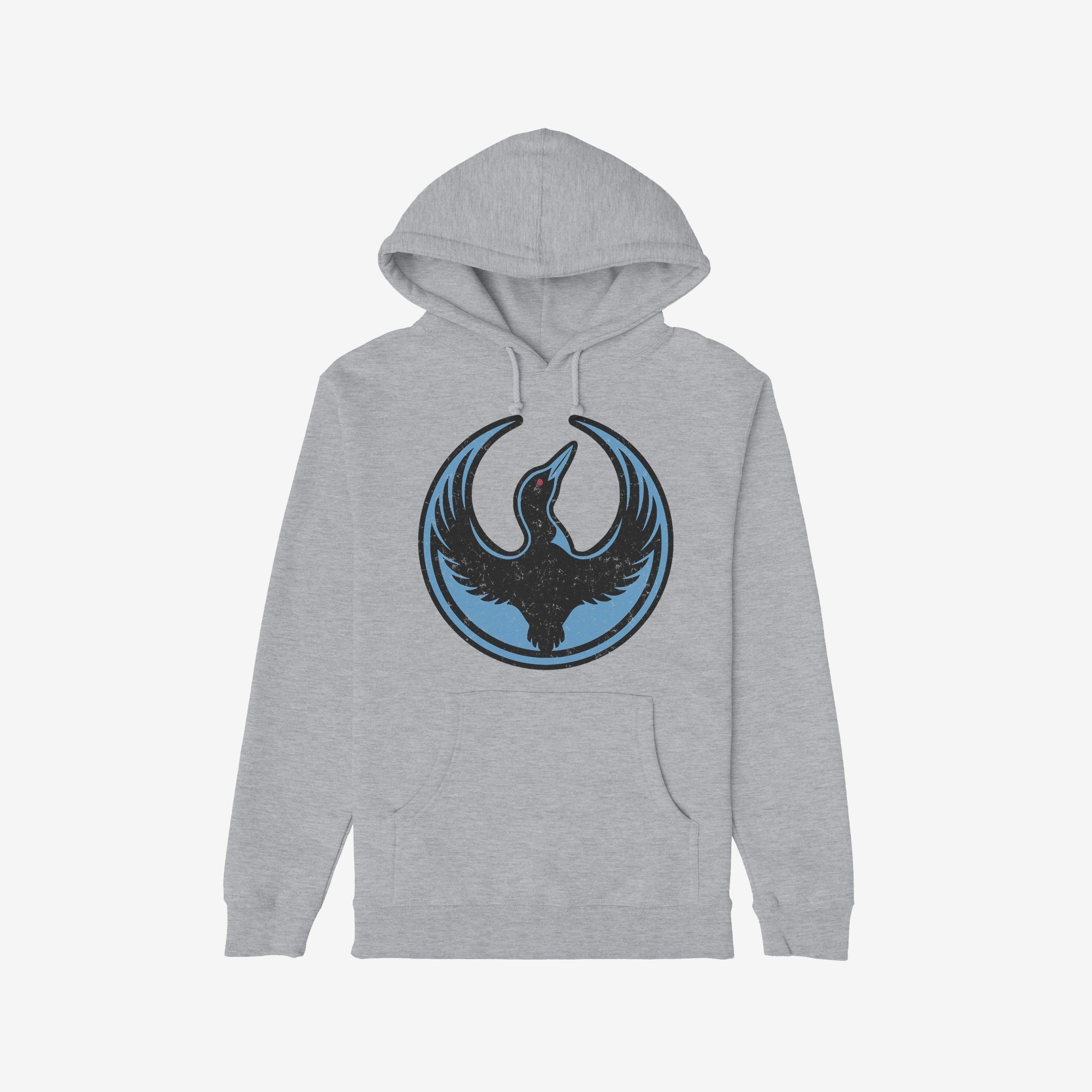 Minnesota Rebel Alliance Hoodie features a light-gray pullover with a stylized black bird graphic on the chest, symbolizing support for immigrant rights and equality. Ideal for rallies and casual outings.