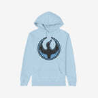 Minnesota Rebel Alliance Hoodie showcases a light-blue design with a circular emblem featuring a stylized black bird, symbolizing support for immigrant rights and equality, ideal for rallies and everyday wear.