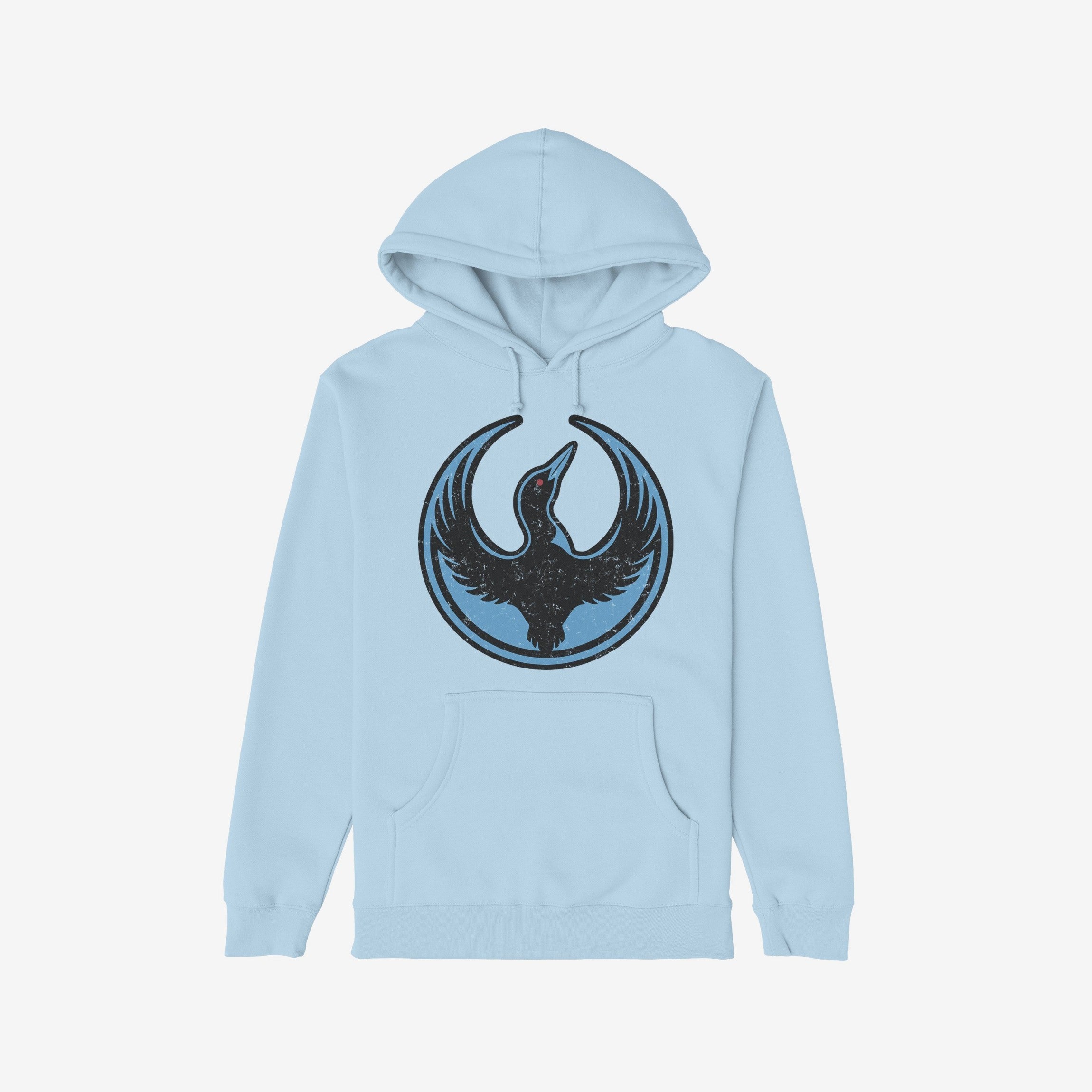 Minnesota Rebel Alliance Hoodie showcases a light-blue design with a circular emblem featuring a stylized black bird, symbolizing support for immigrant rights and equality, ideal for rallies and everyday wear.