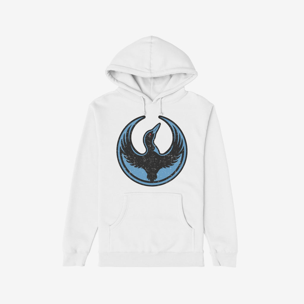 The Minnesota Rebel Alliance Hoodie features a white pullover with a distressed circular emblem of a silhouetted bird, symbolizing support for immigrant rights and equality.