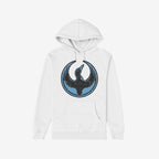 The Minnesota Rebel Alliance Hoodie features a white pullover with a distressed circular emblem of a silhouetted bird, symbolizing support for immigrant rights and equality.