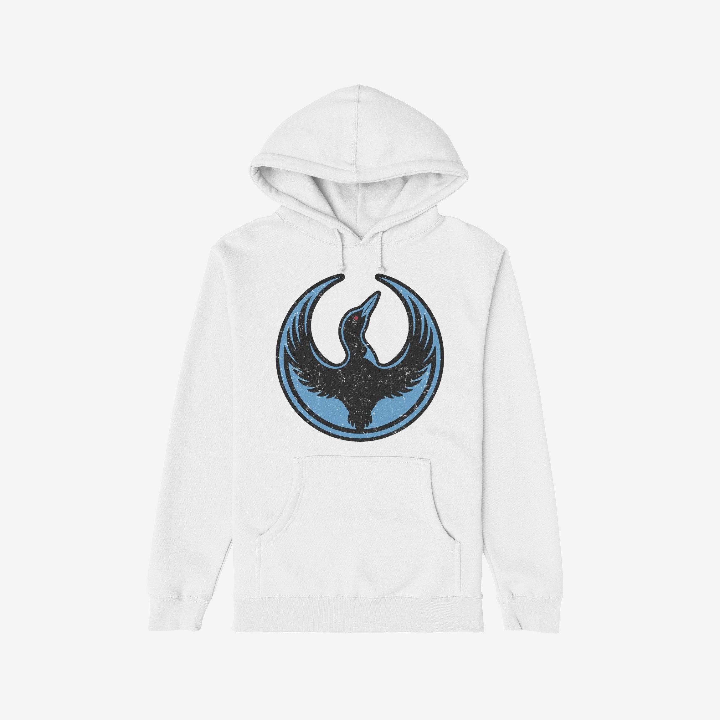 The Minnesota Rebel Alliance Hoodie features a white pullover with a distressed circular emblem of a silhouetted bird, symbolizing support for immigrant rights and equality.