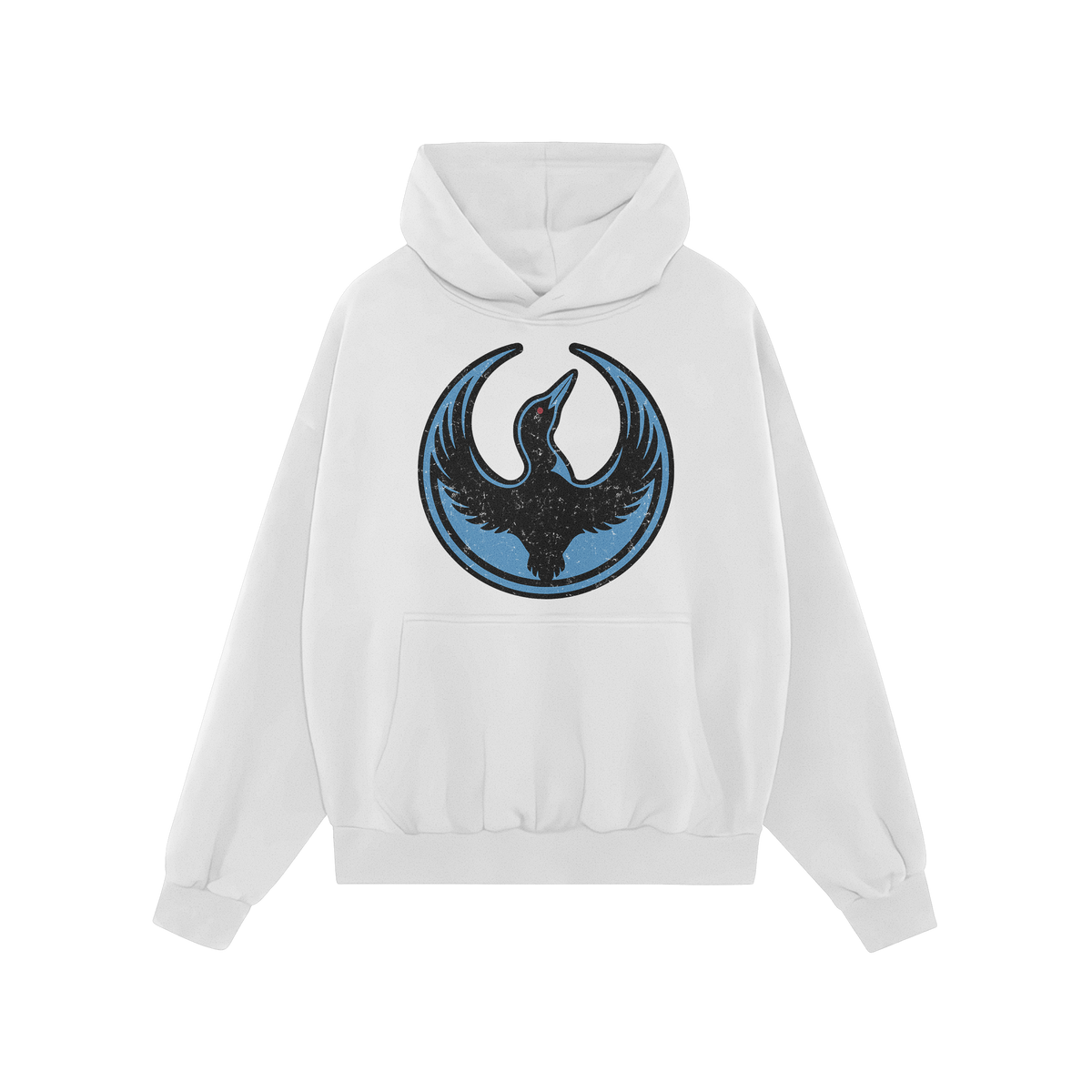 The Minnesota Rebel Alliance Hoodie features a white pullover with a distressed circular emblem of a silhouetted bird, symbol