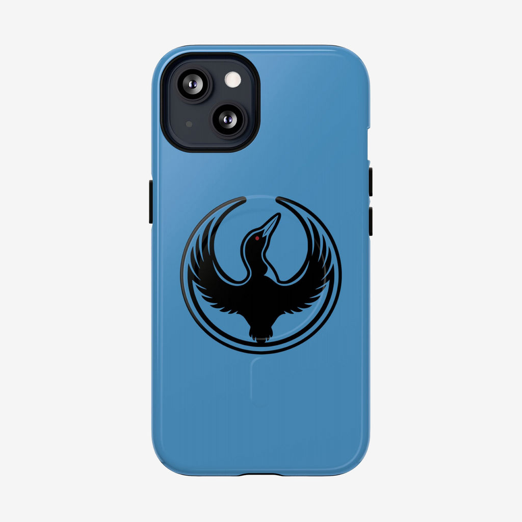 Minnesota Rebel Alliance iPhone Tough MagSafe Case featuring a solid-blue design with a glossy black loon emblem, reflecting resistance and equality, fits iPhone 13 to 17 Pro Max models.