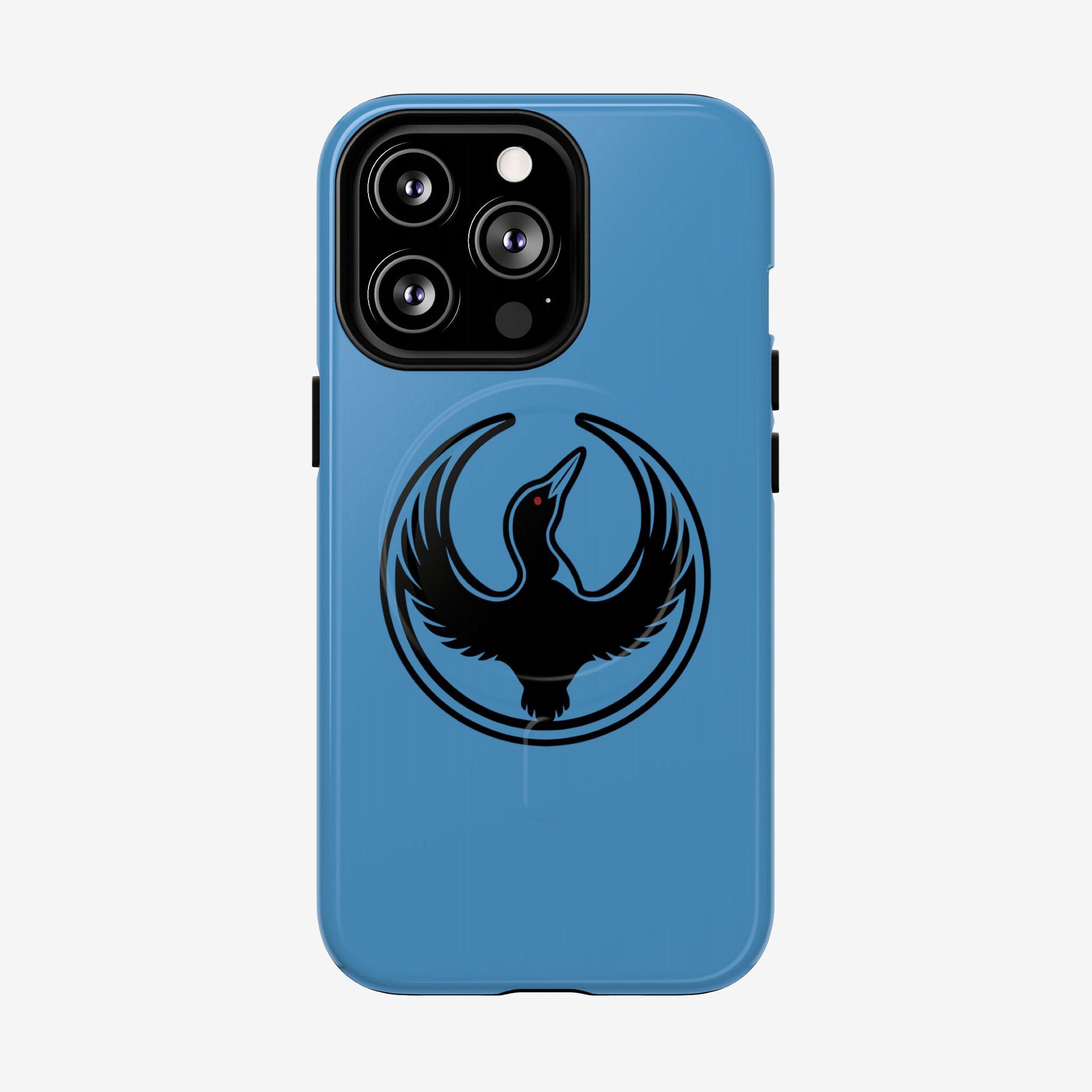 Minnesota Rebel Alliance iPhone Tough MagSafe Case with a sky-blue cover featuring a black loon graphic. Designed for durability and wireless charging, symbolizing resistance against oppression and supporting equality.