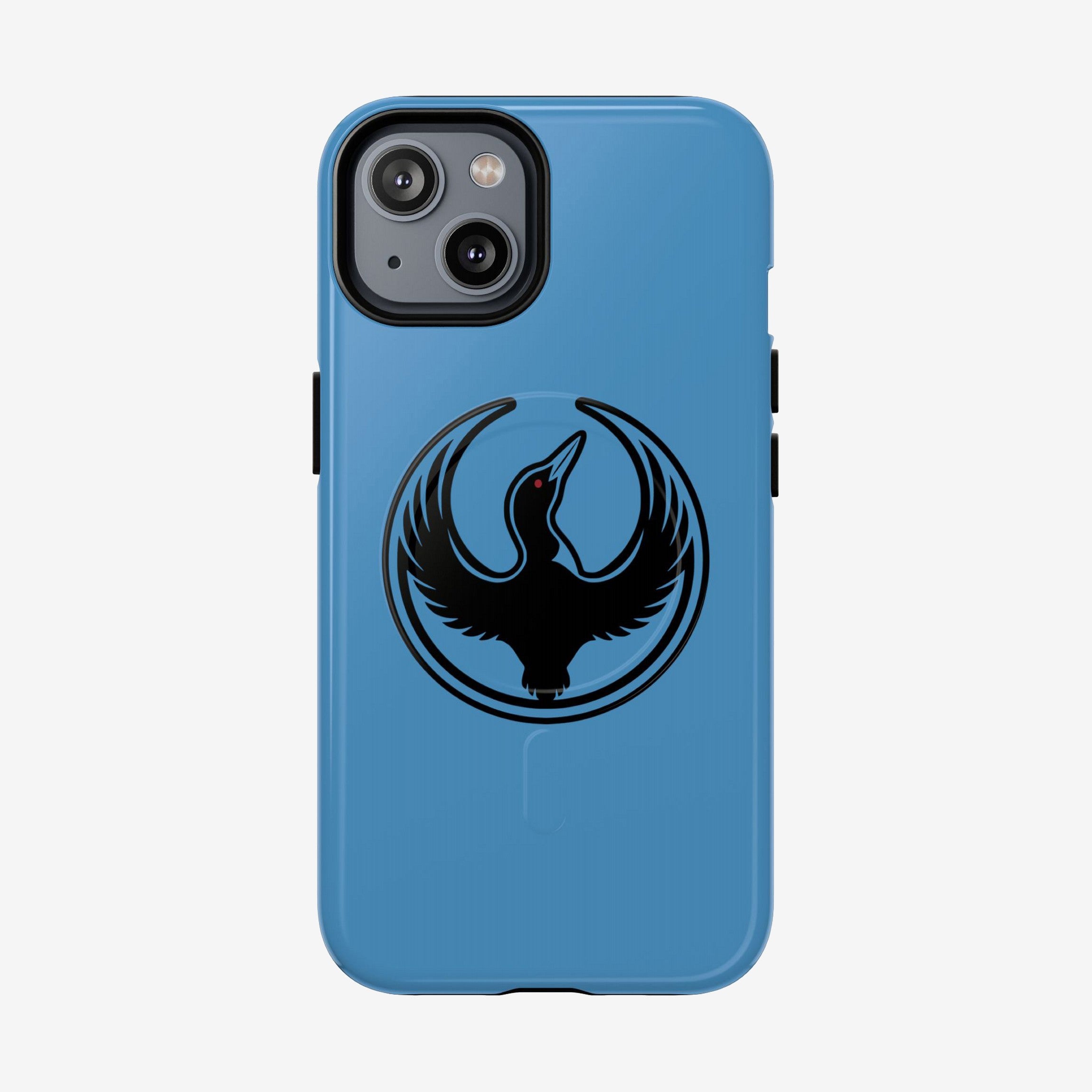 Minnesota Rebel Alliance iPhone Tough MagSafe Case featuring a stylized black loon with outstretched wings and a red-highlighted eye in a circular design, symbolizing resistance and equality.