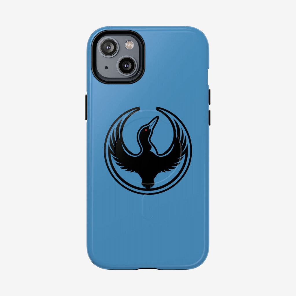 Minnesota Rebel Alliance iPhone Tough MagSafe Case: Light-blue with a stylized black loon in a circle, red eye detail; fits iPhone 13-17 Pro Max, offering robust protection while supporting immigrant rights and equality.