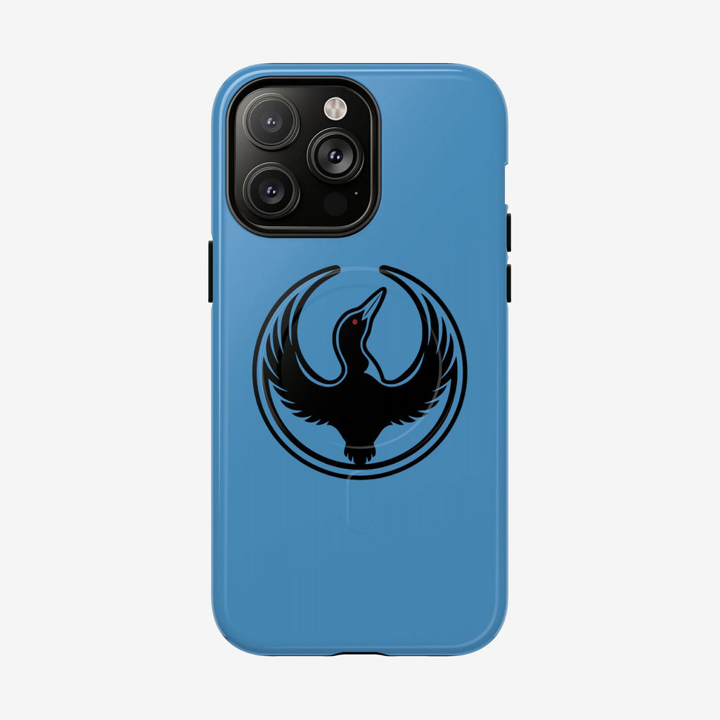 Minnesota Rebel Alliance iPhone Tough MagSafe Case features a light-blue shell with a black loon emblem, designed for activism and protection.