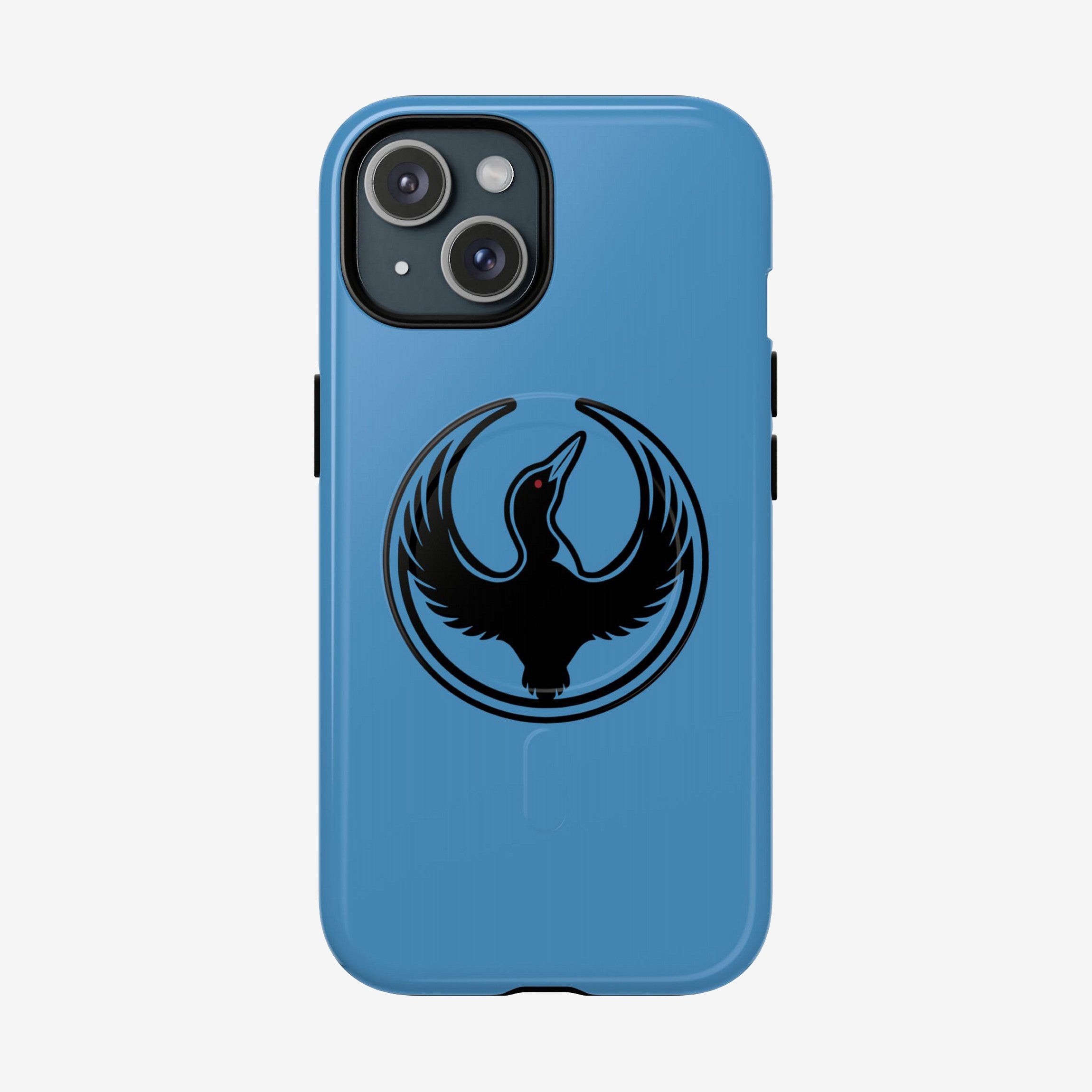 Minnesota Rebel Alliance iPhone Tough MagSafe Case features a blue design with a black loon logo inside a circle, providing robust protection and wireless charging compatibility, symbolizing resistance and equality.