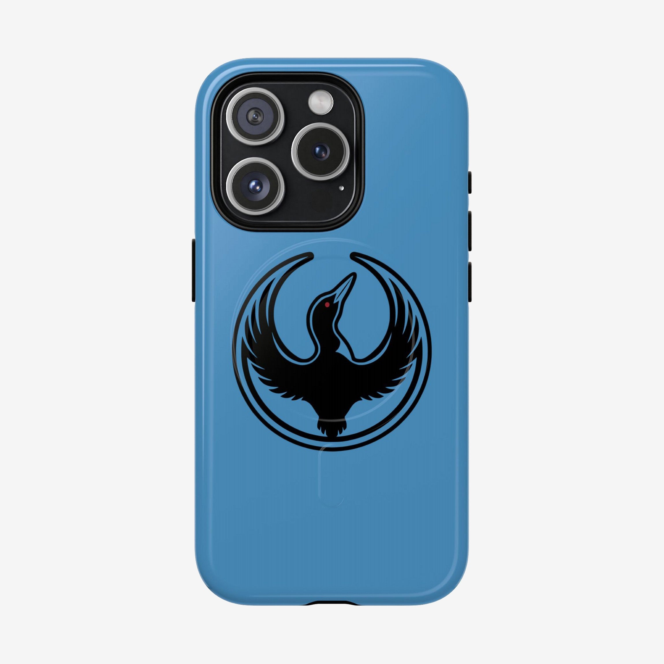 Minnesota Rebel Alliance iPhone Tough MagSafe Case featuring a loon emblem in flight against a light-blue, soft-touch shell. Designed for activism with triple-lens camera cutout and multi-layer protection.