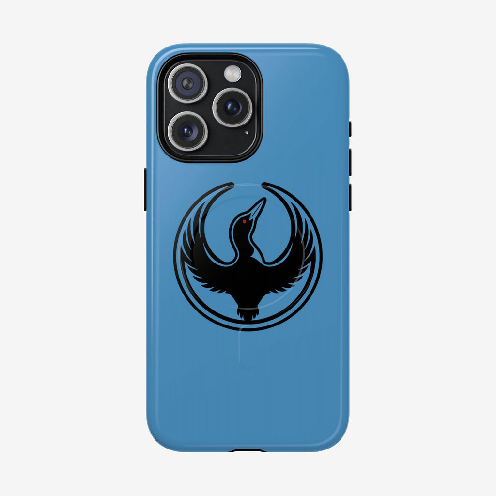 Minnesota Rebel Alliance iPhone Tough MagSafe Case features a celeste-blue design with a black loon emblem, symbolizing resistance and equality, ideal for supporting immigrant rights and equality.