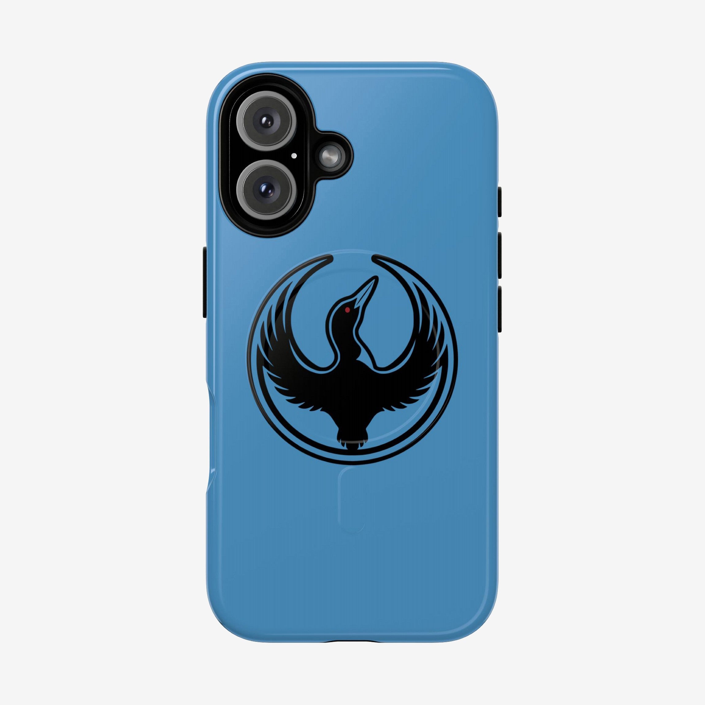 Minnesota Rebel Alliance iPhone Tough MagSafe Case features a sky-blue design with a stylized black loon emblem. Ideal for activism, it supports wireless charging and fits iPhone 13 to 17 Pro Max.