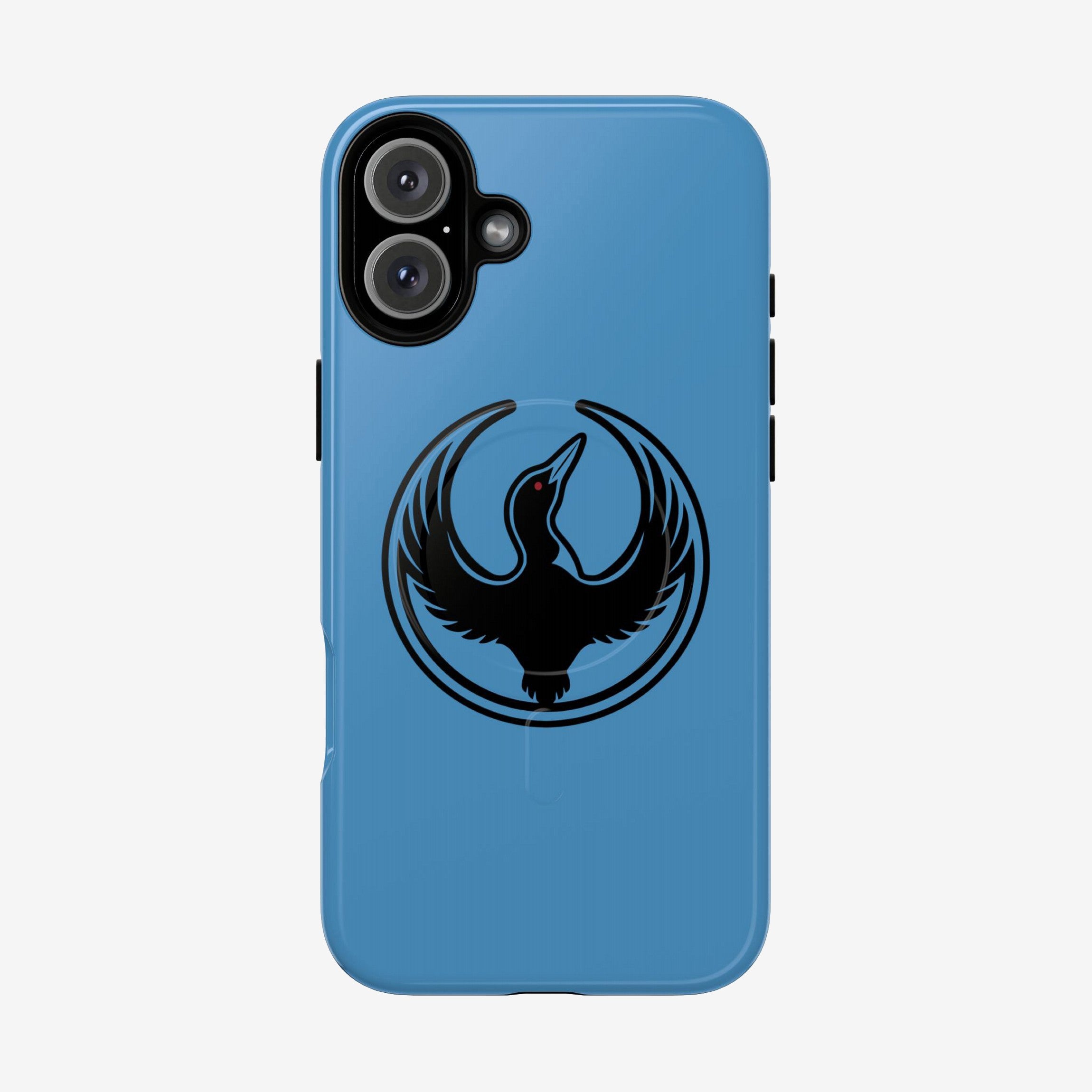 Minnesota Rebel Alliance iPhone Tough MagSafe Case featuring a black loon emblem on a sky-blue cover, showcasing dual-lens camera cutout. Ideal for activism, equality support, and everyday protection.