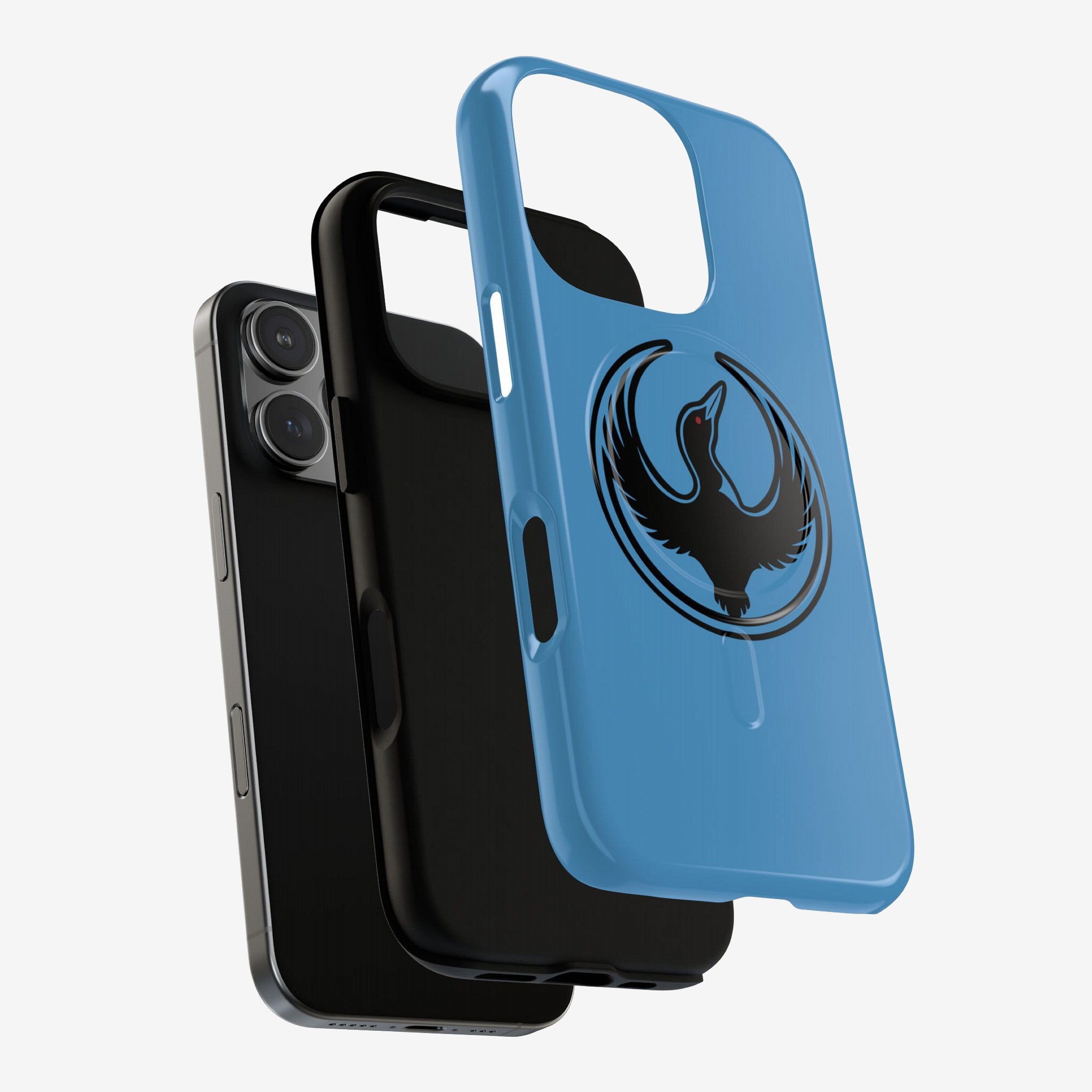 Minnesota Rebel Alliance iPhone Tough MagSafe Case features a dual-camera iPhone and a two-part protective shell with a black bumper and blue cover, adorned with a loon emblem, promoting equality.