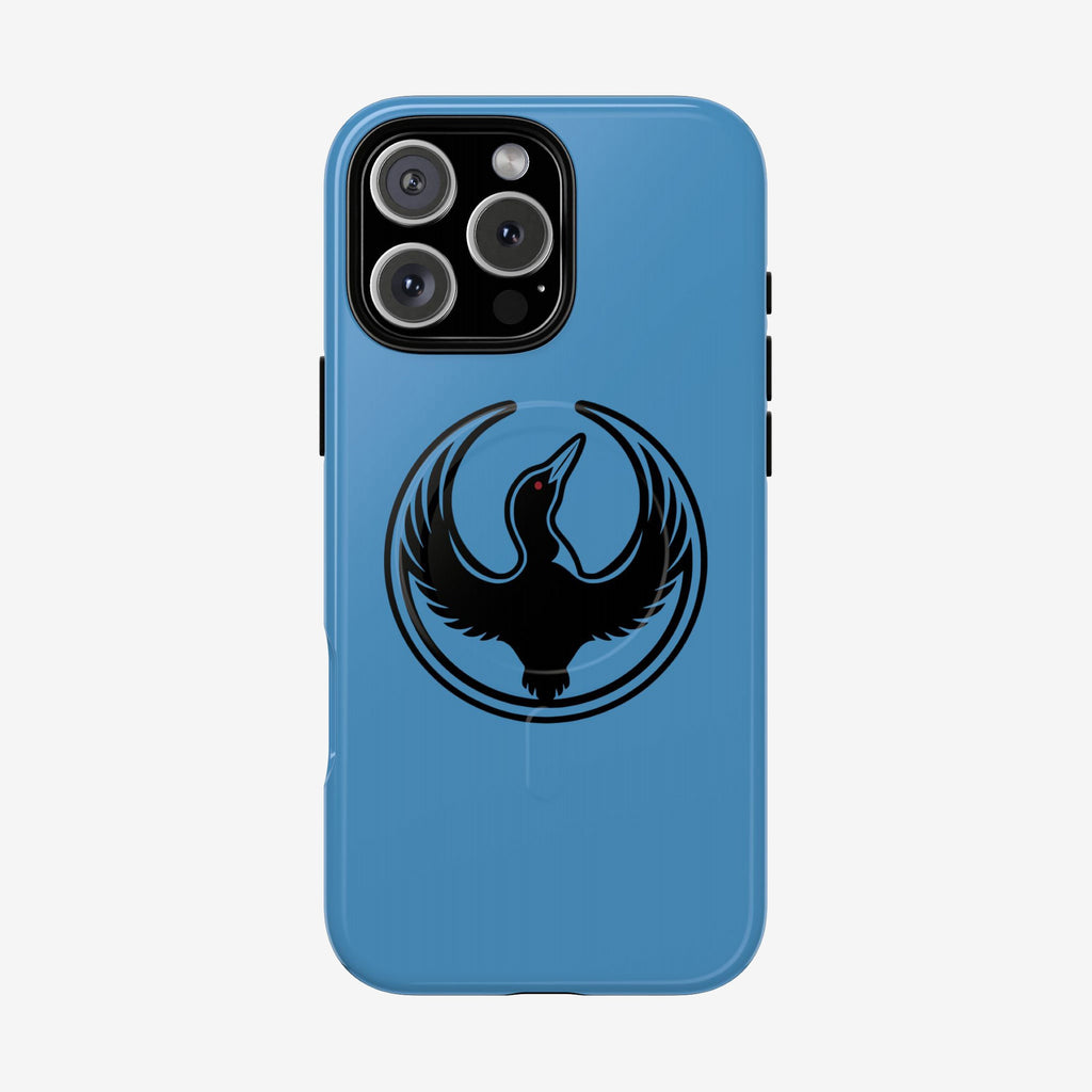 Minnesota Rebel Alliance iPhone Tough MagSafe Case with a sky-blue finish, featuring a black loon emblem for Minnesota natives, offers durable protection and wireless charging compatibility.