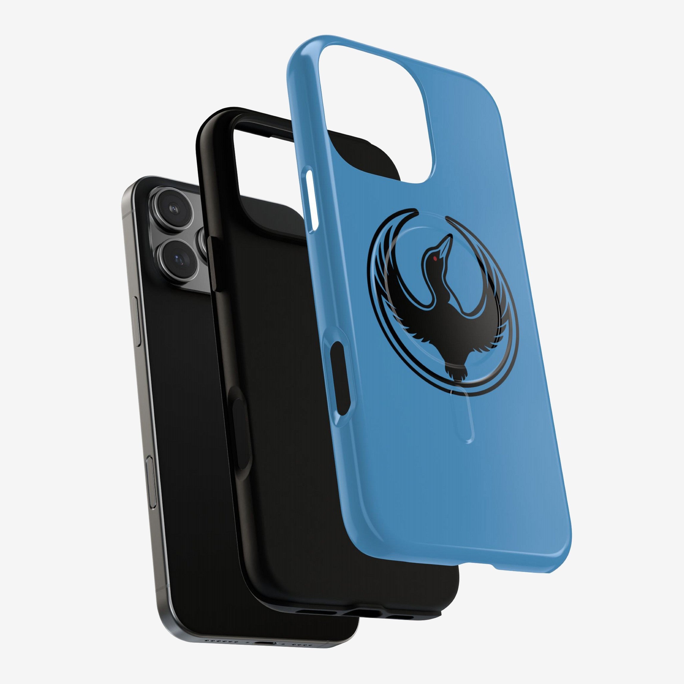 Minnesota Rebel Alliance iPhone Tough MagSafe Case: Modern smartphone with two protective cases, highlighting a matte black and a bright blue case featuring a loon symbol, embodying resistance and equality.