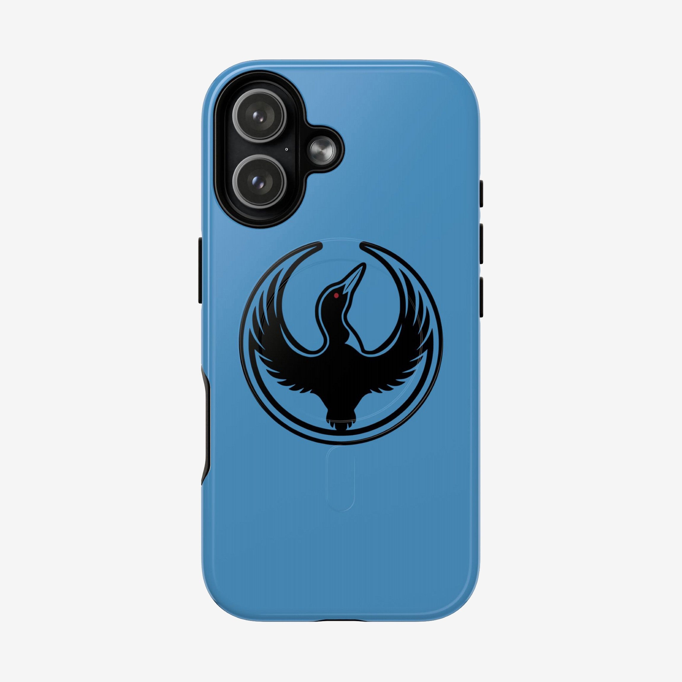 Minnesota Rebel Alliance iPhone Tough MagSafe Case features a light-blue shell with a black waterbird emblem, symbolizing resistance and equality, offering multi-layer protection and wireless charging compatibility.