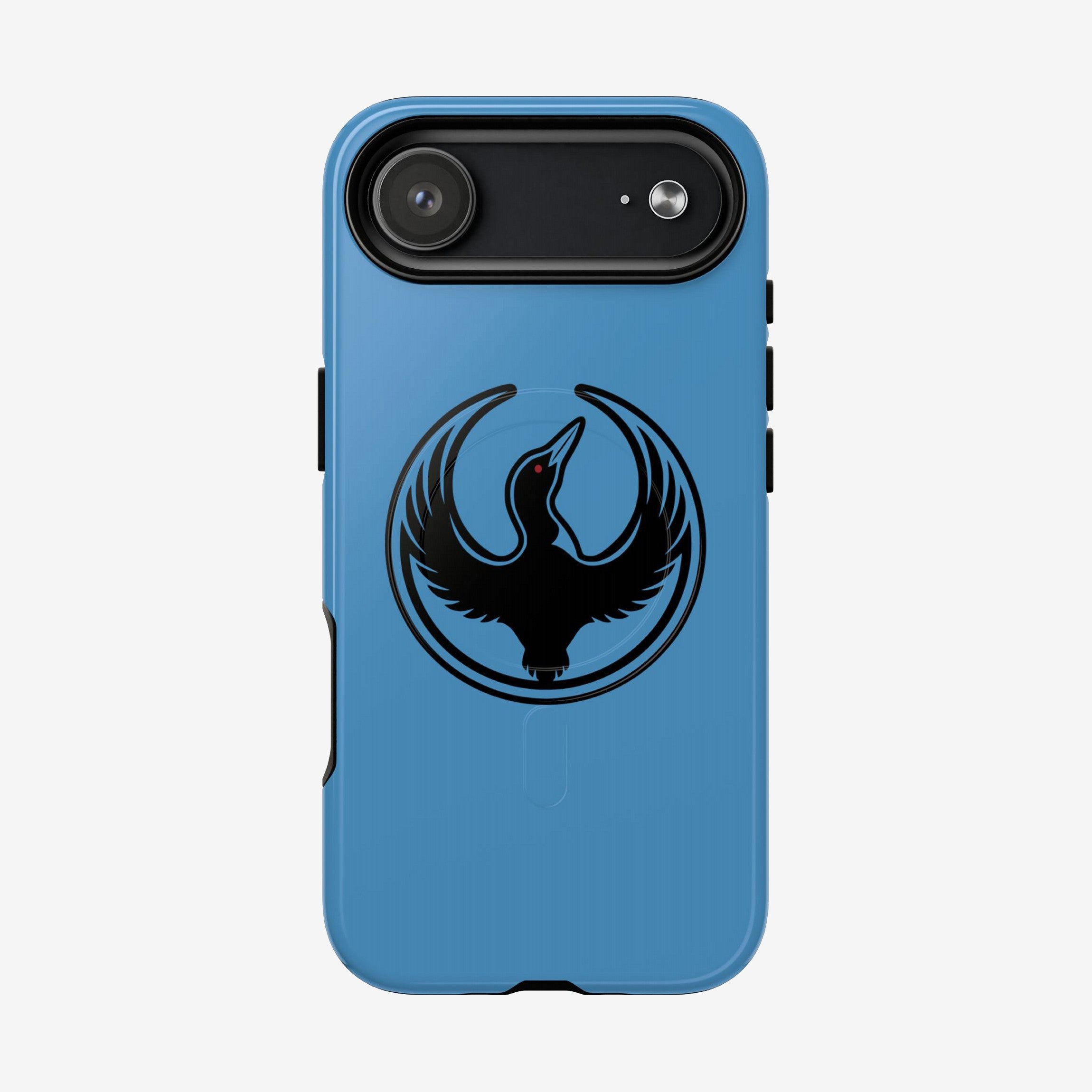 Minnesota Rebel Alliance iPhone Tough MagSafe Case features a blue protective shell with a black loon emblem, symbolizing resistance and equality. Designed for iPhone models 13 to 17 Pro Max.
