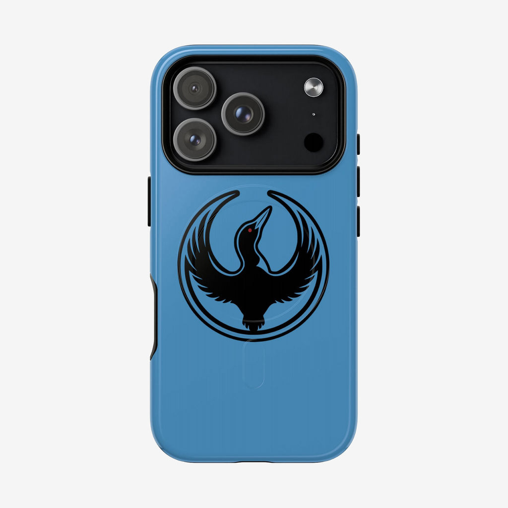 Minnesota Rebel Alliance iPhone Tough MagSafe Case with a stylized black loon emblem, featuring a triple-lens camera cutout, subtle ridges for protection, and a side notch for grip.