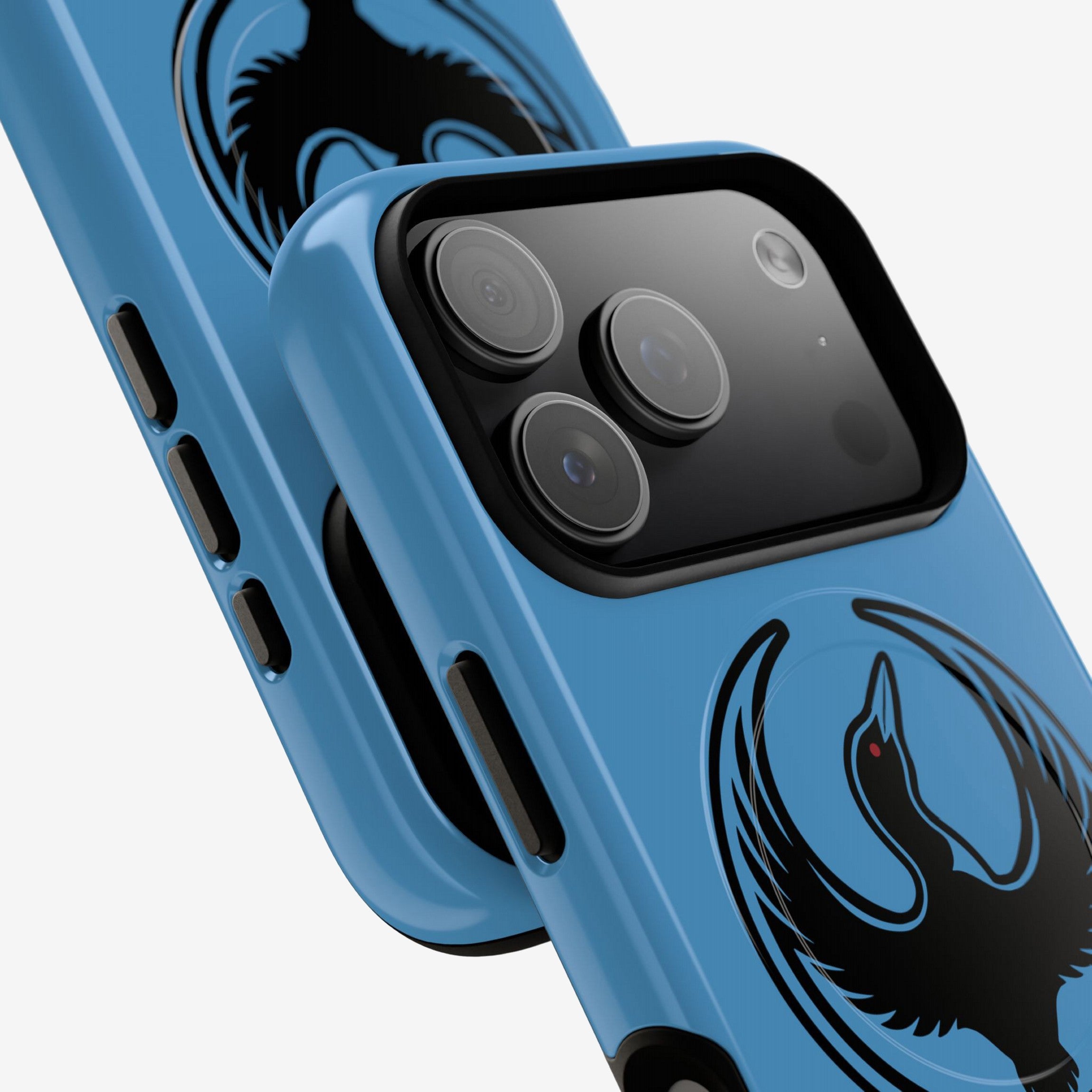 Minnesota Rebel Alliance iPhone Tough MagSafe Case features a blue, glossy finish, raised camera island, side button cutouts, and a black loon graphic, symbolizing resistance and equality.