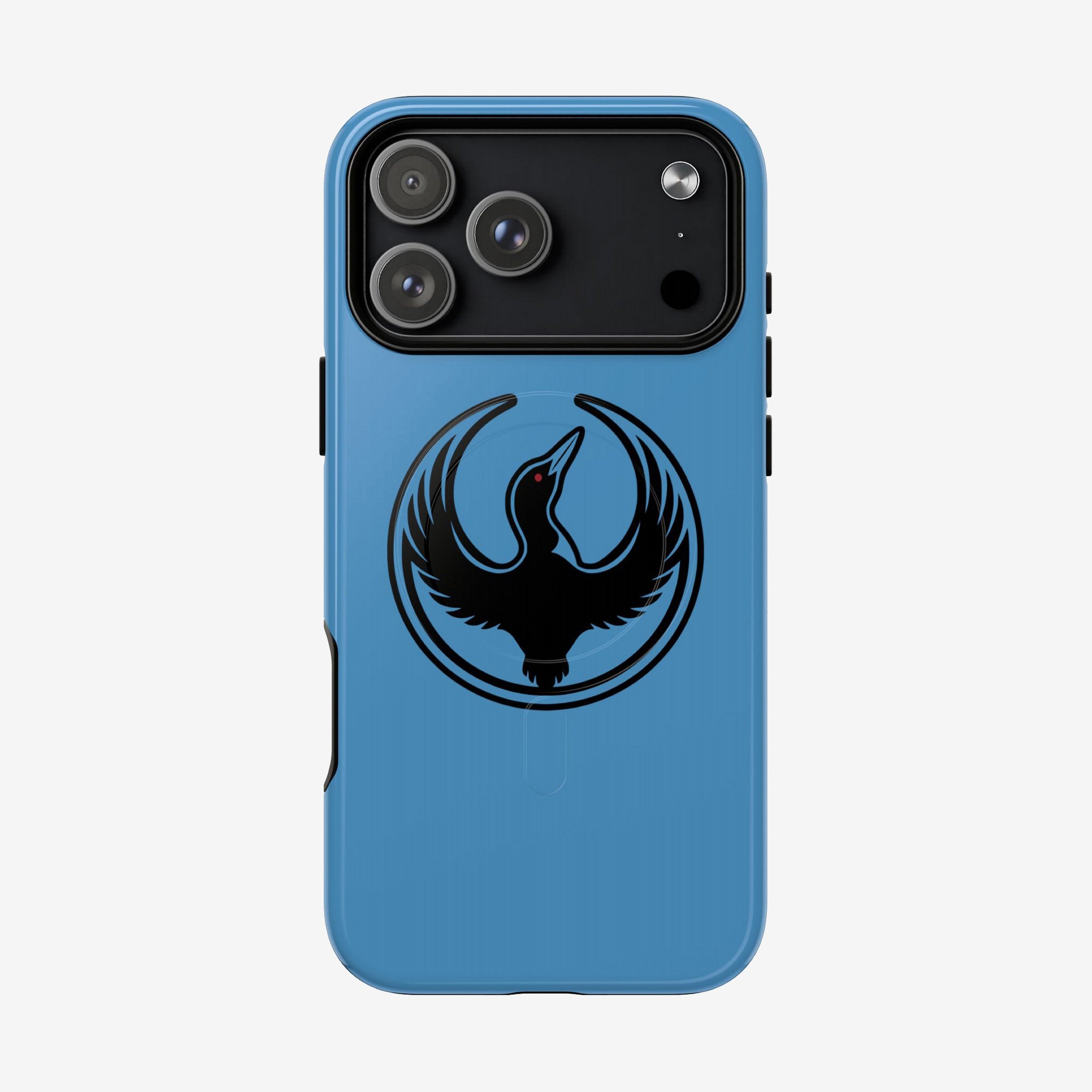 Minnesota Rebel Alliance iPhone Tough MagSafe Case features a sky-blue design with a black loon silhouette and red eye, offering multi-layer protection for activism and equality supporters.