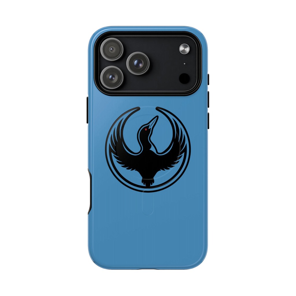 Minnesota Rebel Alliance iPhone Tough MagSafe Case features a sky-blue design with a black loon silhouette and red eye, offer
