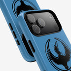 Minnesota Rebel Alliance iPhone Tough MagSafe Case close-up, showcasing a blue protective design with a raised bezel, stylized loon emblem, and built-in side buttons. Perfect for activists and equality supporters.