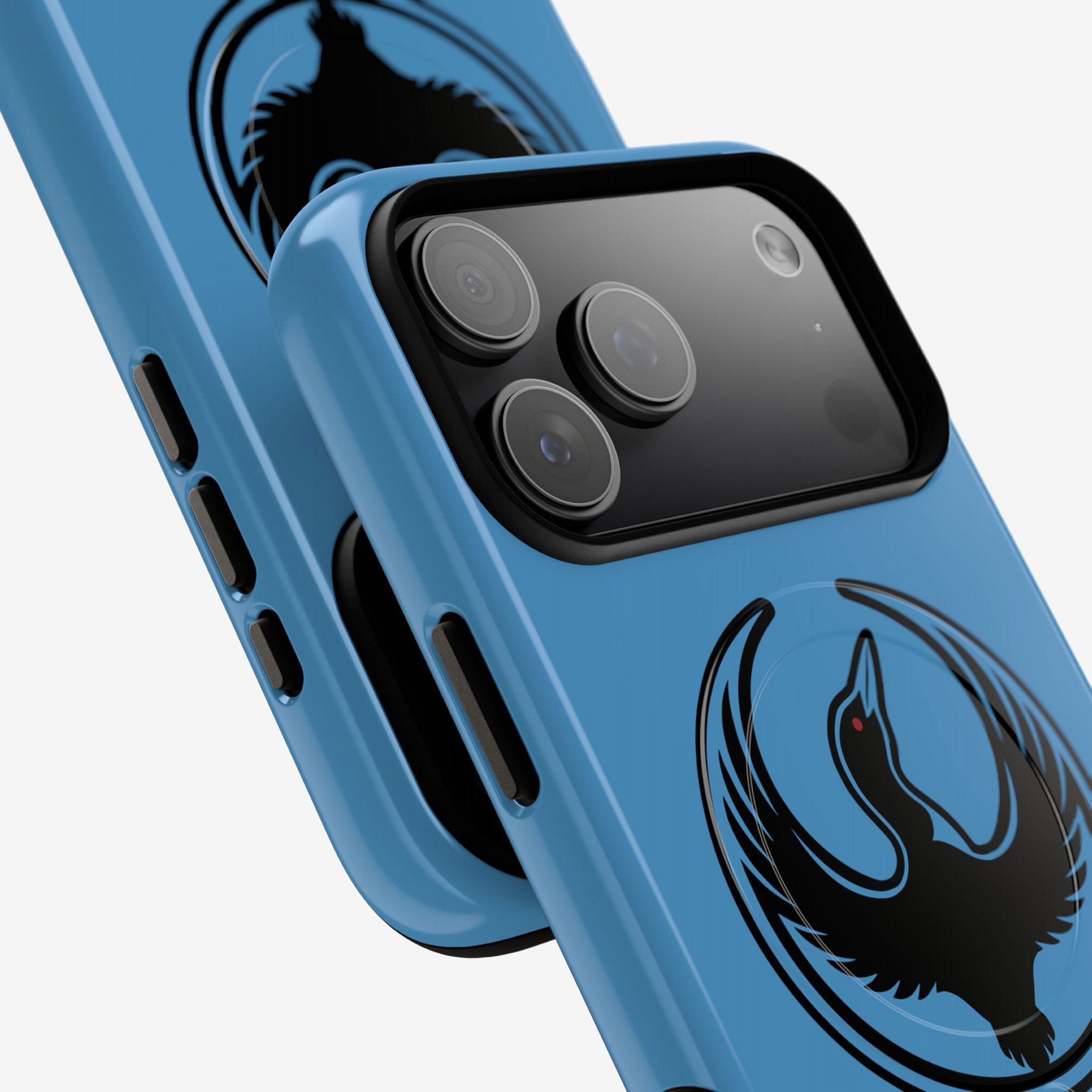 Minnesota Rebel Alliance iPhone Tough MagSafe Case close-up, showcasing a blue protective design with a raised bezel, stylized loon emblem, and built-in side buttons. Perfect for activists and equality supporters.