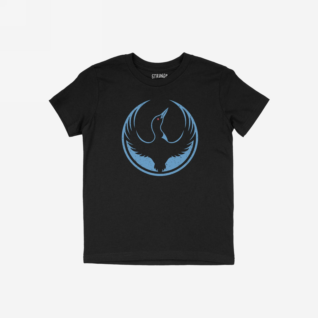 Minnesota Rebel Alliance T-shirt featuring a stylized bird graphic in a blue circle with red eye, symbolizing resistance. The black short-sleeve design embodies bold expression and activism.
