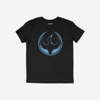 Minnesota Rebel Alliance T-shirt featuring a stylized bird graphic in a blue circle with red eye, symbolizing resistance. The black short-sleeve design embodies bold expression and activism.