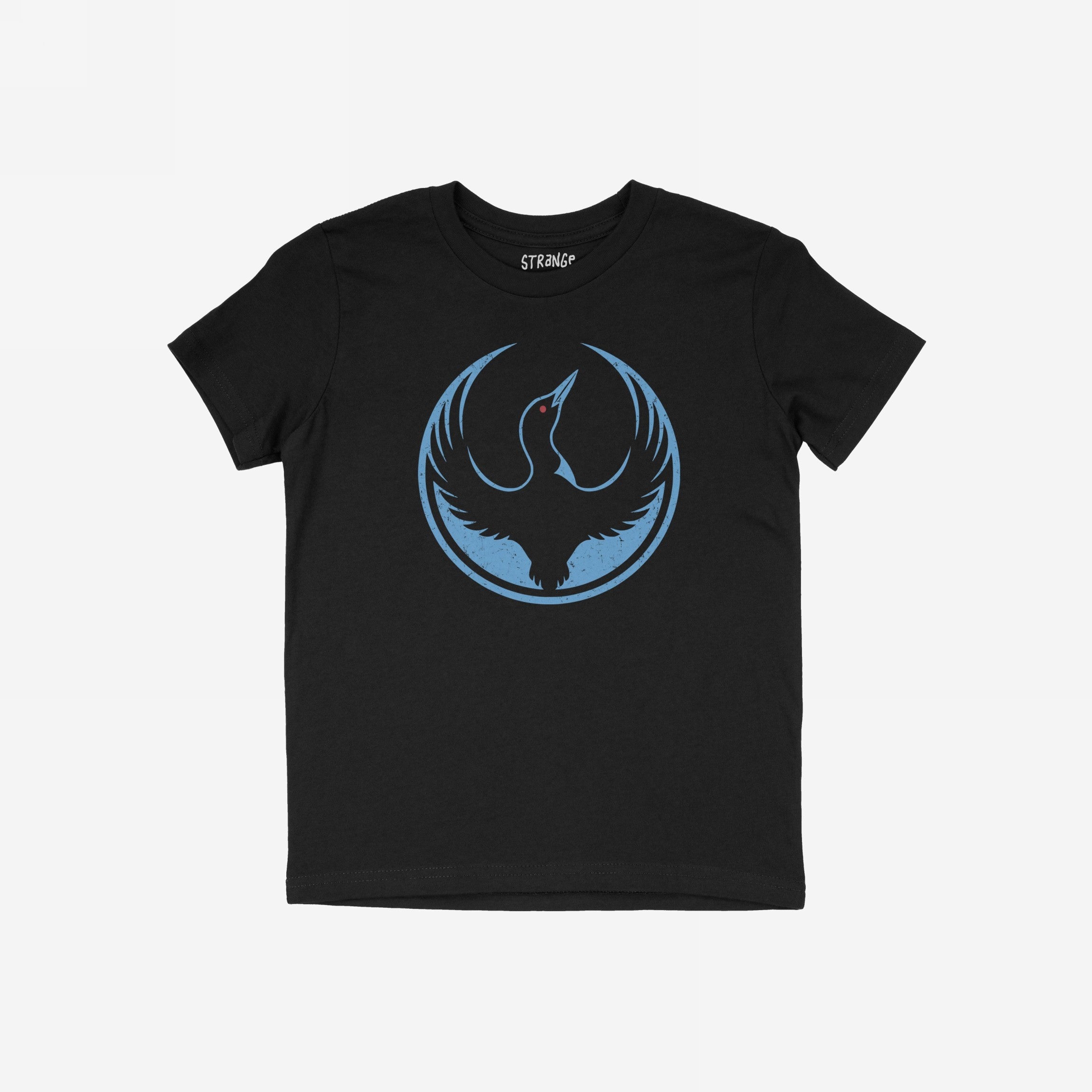 Minnesota Rebel Alliance T-shirt featuring a stylized bird graphic in a blue circle with red eye, symbolizing resistance. The black short-sleeve design embodies bold expression and activism.