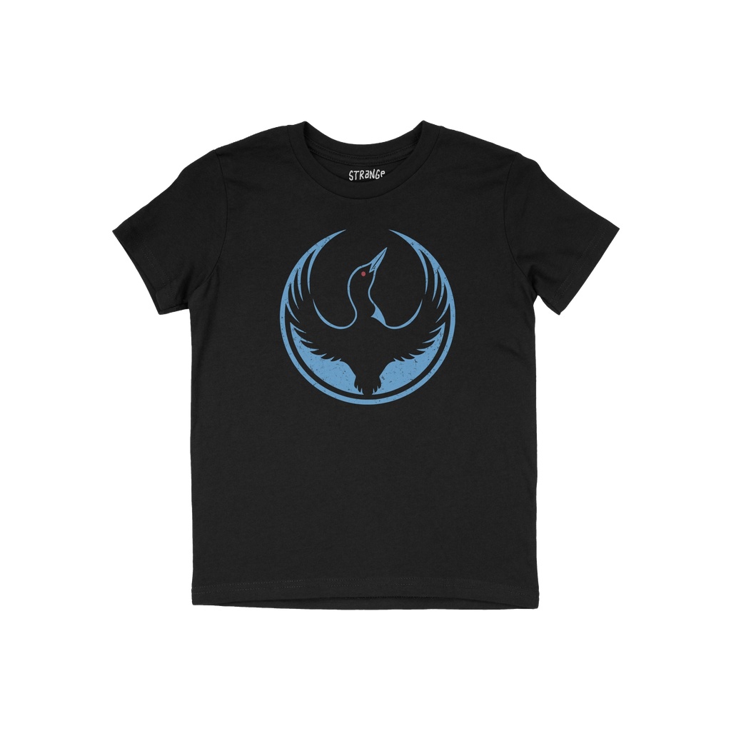 Minnesota Rebel Alliance T-shirt featuring a stylized bird graphic in a blue circle with red eye, symbolizing resistance. The