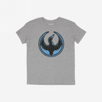 Heather-gray Minnesota Rebel Alliance T-shirt featuring a stylized black loon with raised wings on a blue circle badge, symbolizing defiance. The shirt embodies bold expression and supports equality.