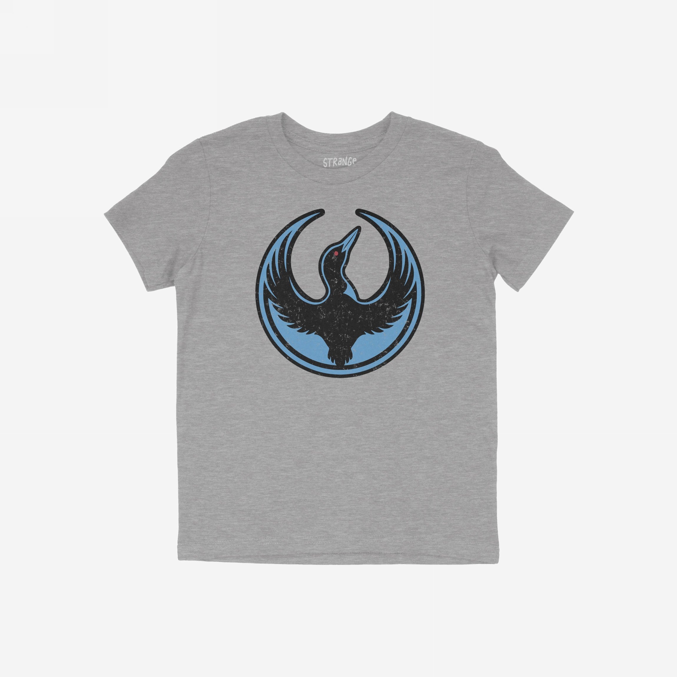Heather-gray Minnesota Rebel Alliance T-shirt featuring a stylized black loon with raised wings on a blue circle badge, symbolizing defiance. The shirt embodies bold expression and supports equality.