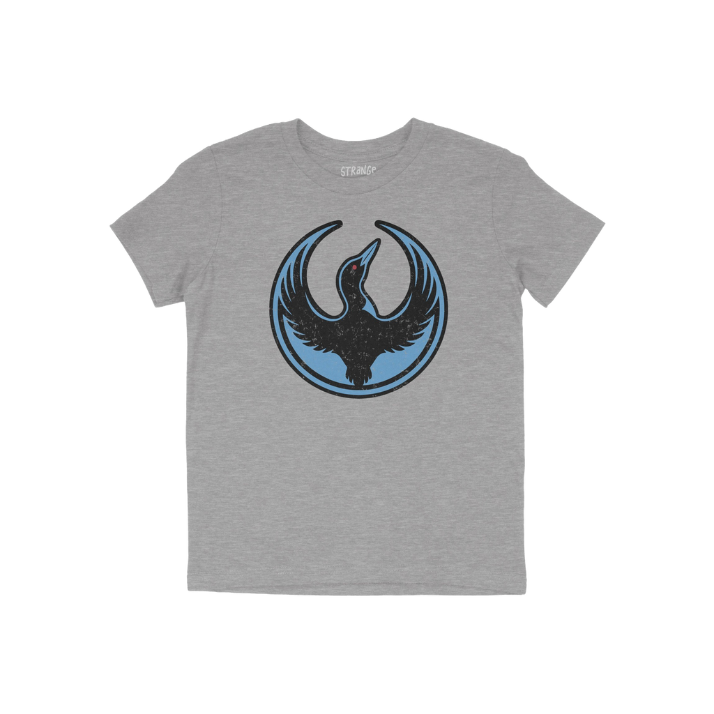 Heather-gray Minnesota Rebel Alliance T-shirt featuring a stylized black loon with raised wings on a blue circle badge, symbo