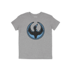 Heather-gray Minnesota Rebel Alliance T-shirt featuring a stylized black loon with raised wings on a blue circle badge, symbo