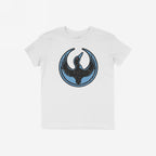 Minnesota Rebel Alliance T-shirt featuring a stylized black loon with raised wings inside a distressed blue circle, symbolizing bold dissent. Laid flat, short-sleeved, perfect for expressing non-neutrality.