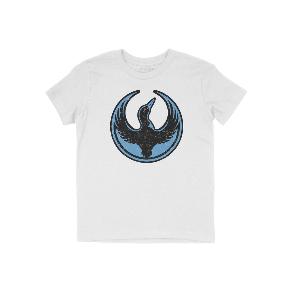Minnesota Rebel Alliance T-shirt featuring a stylized black loon with raised wings inside a distressed blue circle, symbolizi