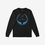Black Minnesota Rebel Alliance long-sleeve T-shirt features a distressed blue loon graphic within a circle on the chest, embodying bold expression and activism.