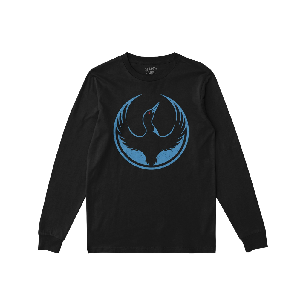 Black Minnesota Rebel Alliance long-sleeve T-shirt features a distressed blue loon graphic within a circle on the chest, embo