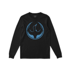 Black Minnesota Rebel Alliance long-sleeve T-shirt features a distressed blue loon graphic within a circle on the chest, embo