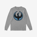 Heather-gray long-sleeve T-shirt with a Minnesota Rebel Alliance circular graphic featuring a stylized black loon on the chest, embodying bold expression and activism.