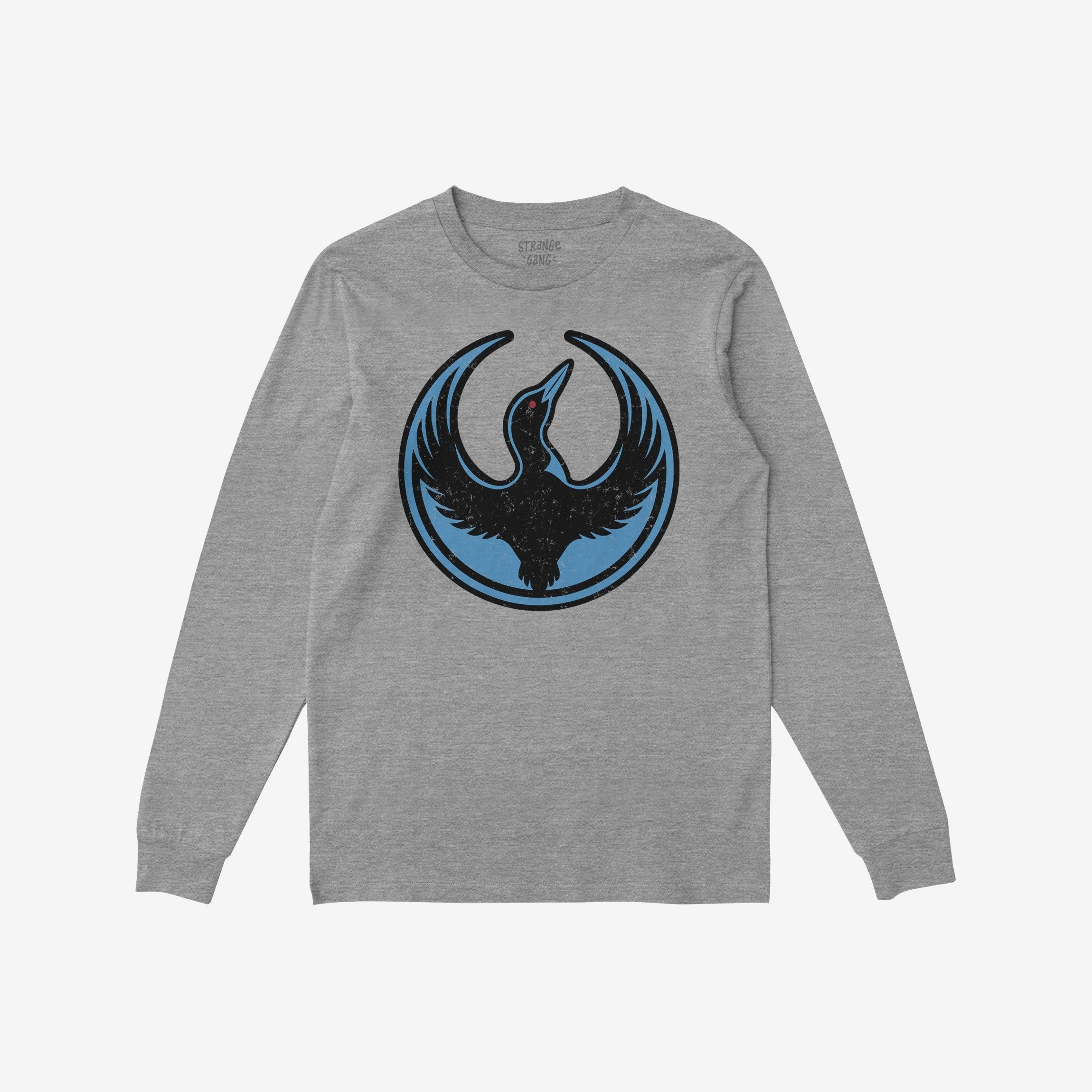 Heather-gray long-sleeve T-shirt with a Minnesota Rebel Alliance circular graphic featuring a stylized black loon on the chest, embodying bold expression and activism.